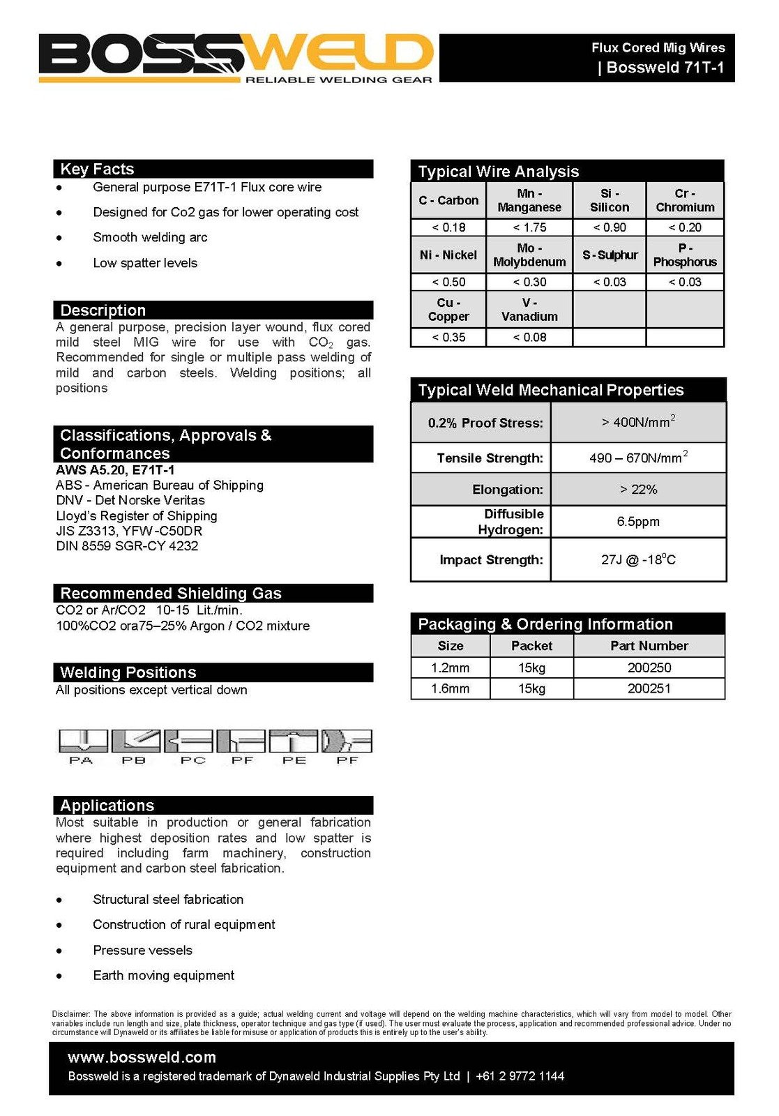 200251 15kg - 1.6mm Bossweld 71T-1 Flux Cored MIG Wire -PERTH ONLY - Image 1