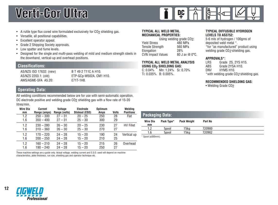 15kg - 1.2mm CIGWELD Verti-Cor Ultra Flux Cored MIG Wire