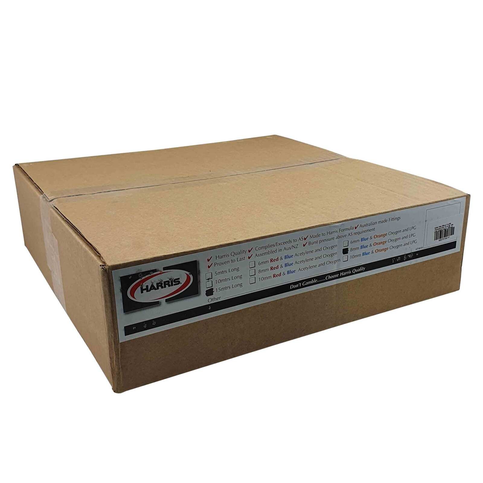 15m Harris Oxy / LPG 8mm Twin Hose with Fittings & Inspection Tag