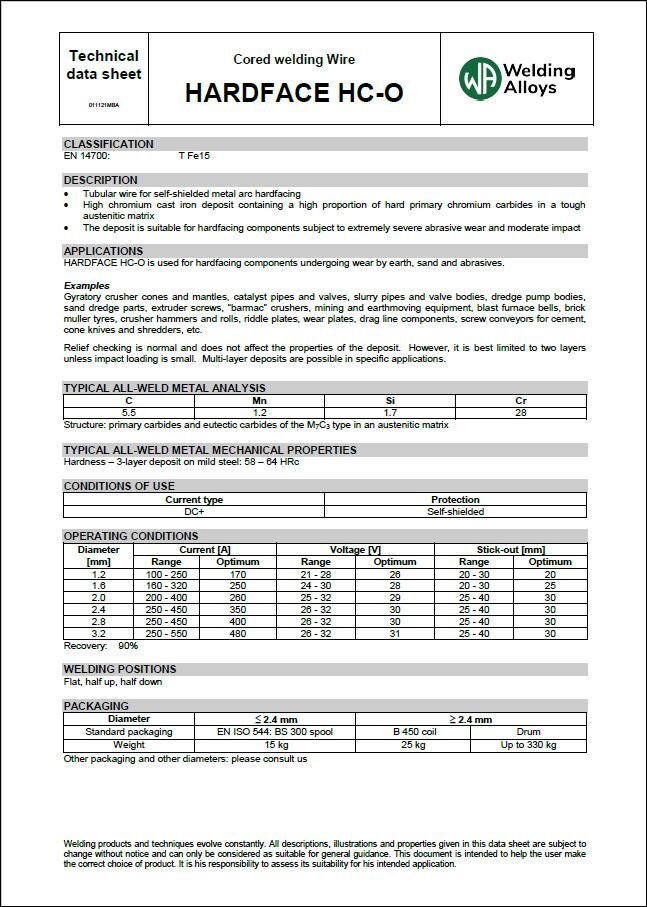 15kg - 1.2mm Welding Alloys HC-O Hardfacing Gasless Mig Wire