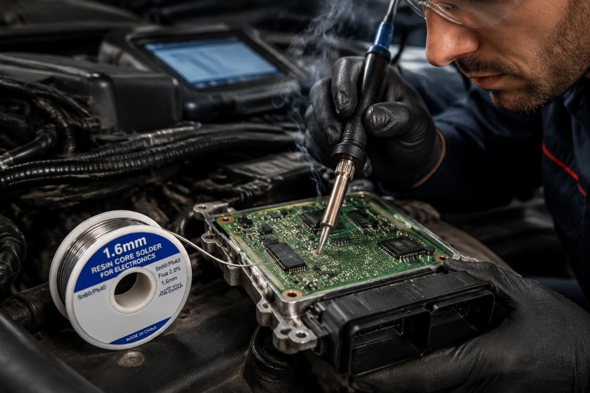 1.6mm resin core solder for automotive electronics repair Auto technician using 1.6mm resin core solder on a vehicle circuit board