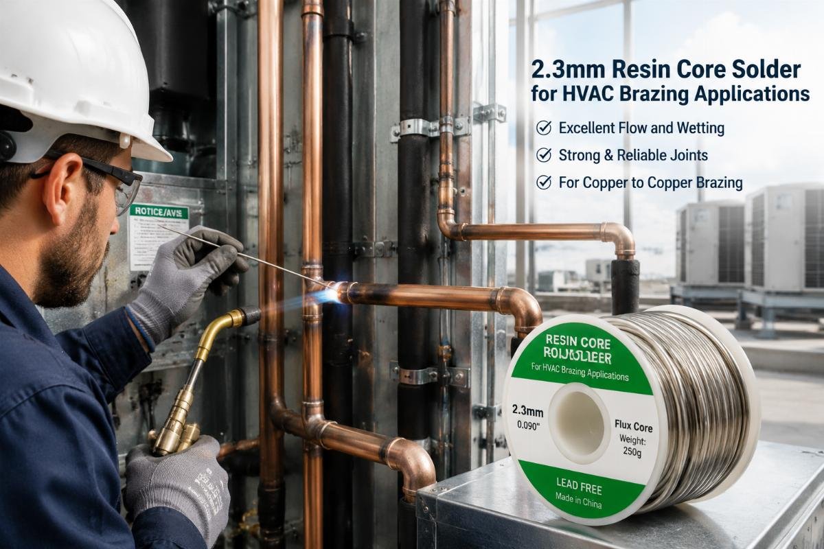 2.3mm resin core solder for HVAC brazing applications Technician using 2.3mm resin core solder on HVAC piping in a commercial installation