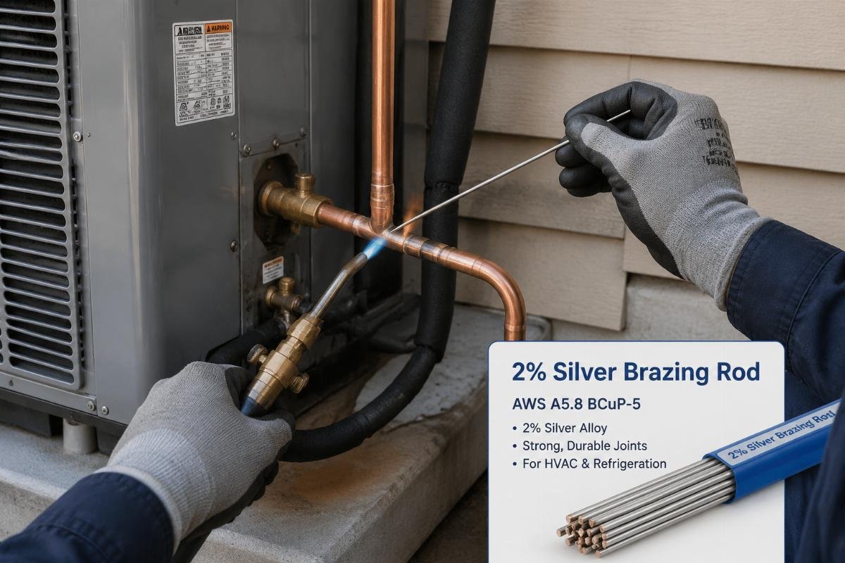 2% silver brazing rod use for HVAC installation Technician performing copper pipe brazing with 2% silver solder rod on a residential HVAC unit