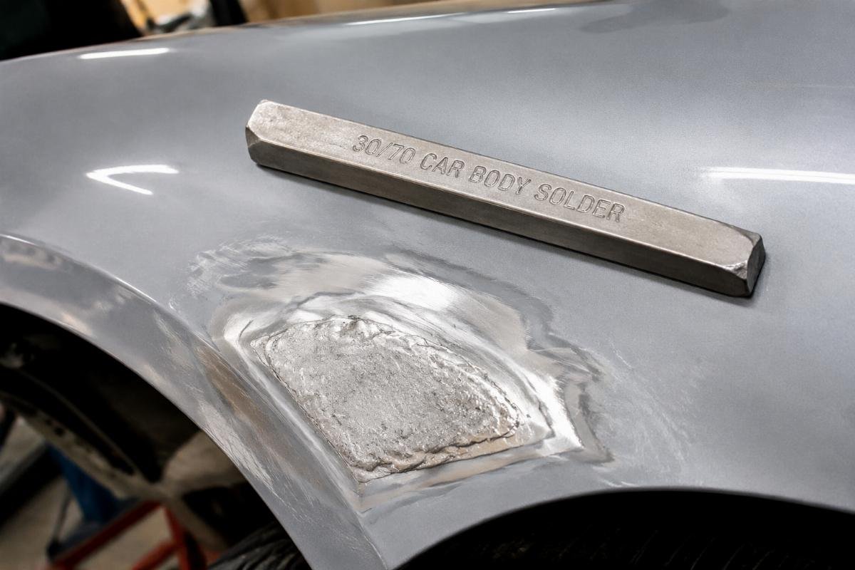 A 30/70 car body solder stick resting on a freshly repaired car fender
