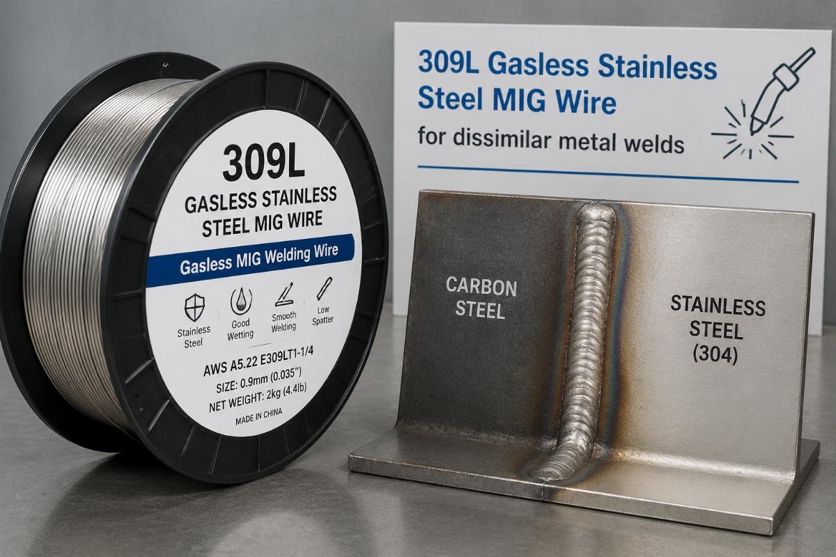 309L gasless stainless steel MIG wire spool next to completed dissimilar metal weld test sample