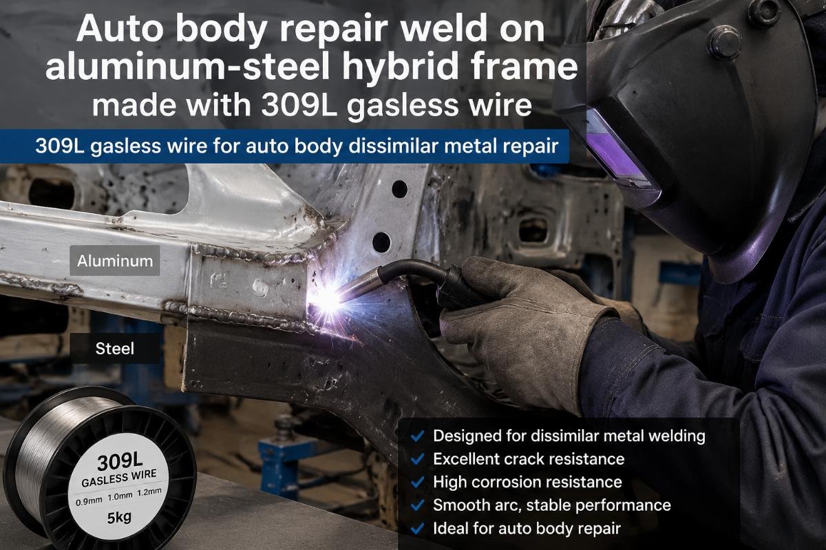 Auto body repair weld on aluminum-steel hybrid frame made with 309L gasless wire