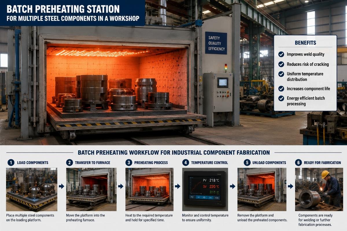 Batch preheating station for multiple steel components in a workshop