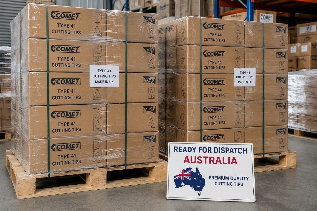 Bulk Comet cutting tip stock for Australian dispatch Stacked cases of Comet Type 41 and Type 44 cutting tips ready for warehouse dispatch