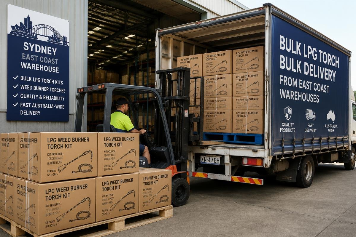 bulk LPG torch bulk delivery from east coast warehouses Bulk LPG weed burner torch kits being loaded for delivery from a Sydney warehouse