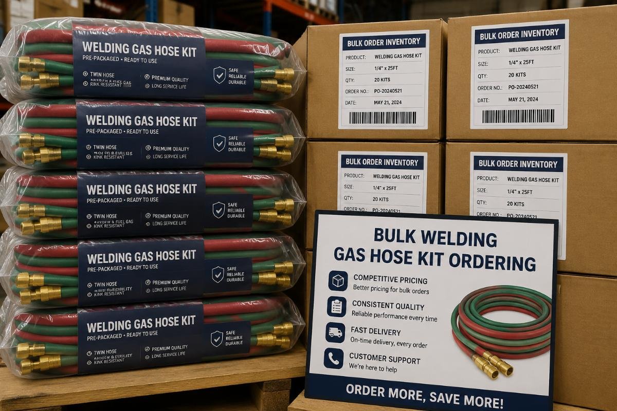 Bulk welding gas hose kit ordering Stack of pre-packaged welding gas hose kits next to bulk order inventory labels