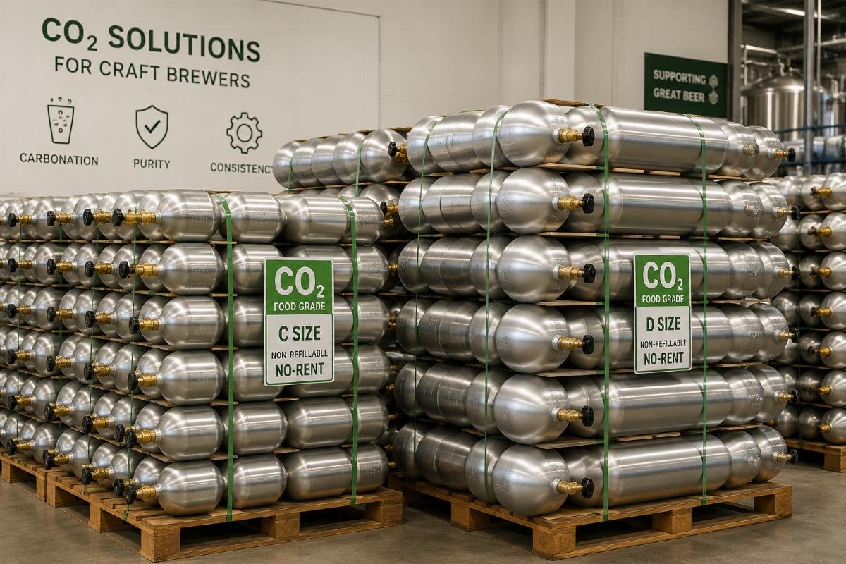 C and D size CO2 bottles for brewing operations No-rent C and D sized food grade CO2 bottles stacked for small craft brewery use