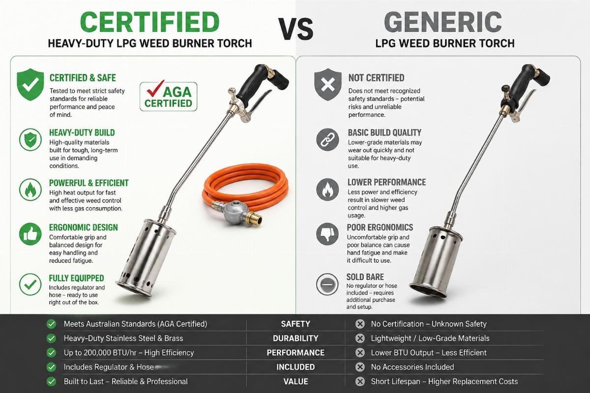 certified vs generic LPG weed burner torch comparison A side-by-side comparison of a certified heavy-duty LPG weed burner torch and a generic unbranded unit