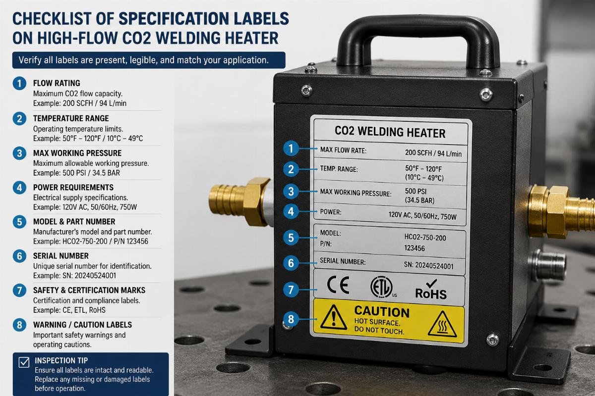 Checklist of specification labels on a high-flow CO2 welding heater showing flow rating and temperature range