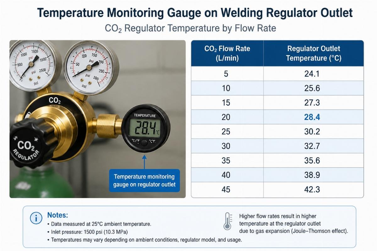 Temperature monitoring gauge on a welding regulator outlet showing readings across different CO2 flow rates