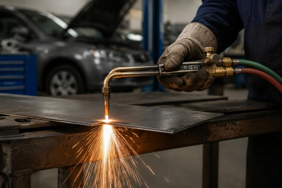 Comet Type 41 cutting tip in use on thin steel Comet Type 41 cutting tip in use on a thin steel workpiece in an automotive workshop