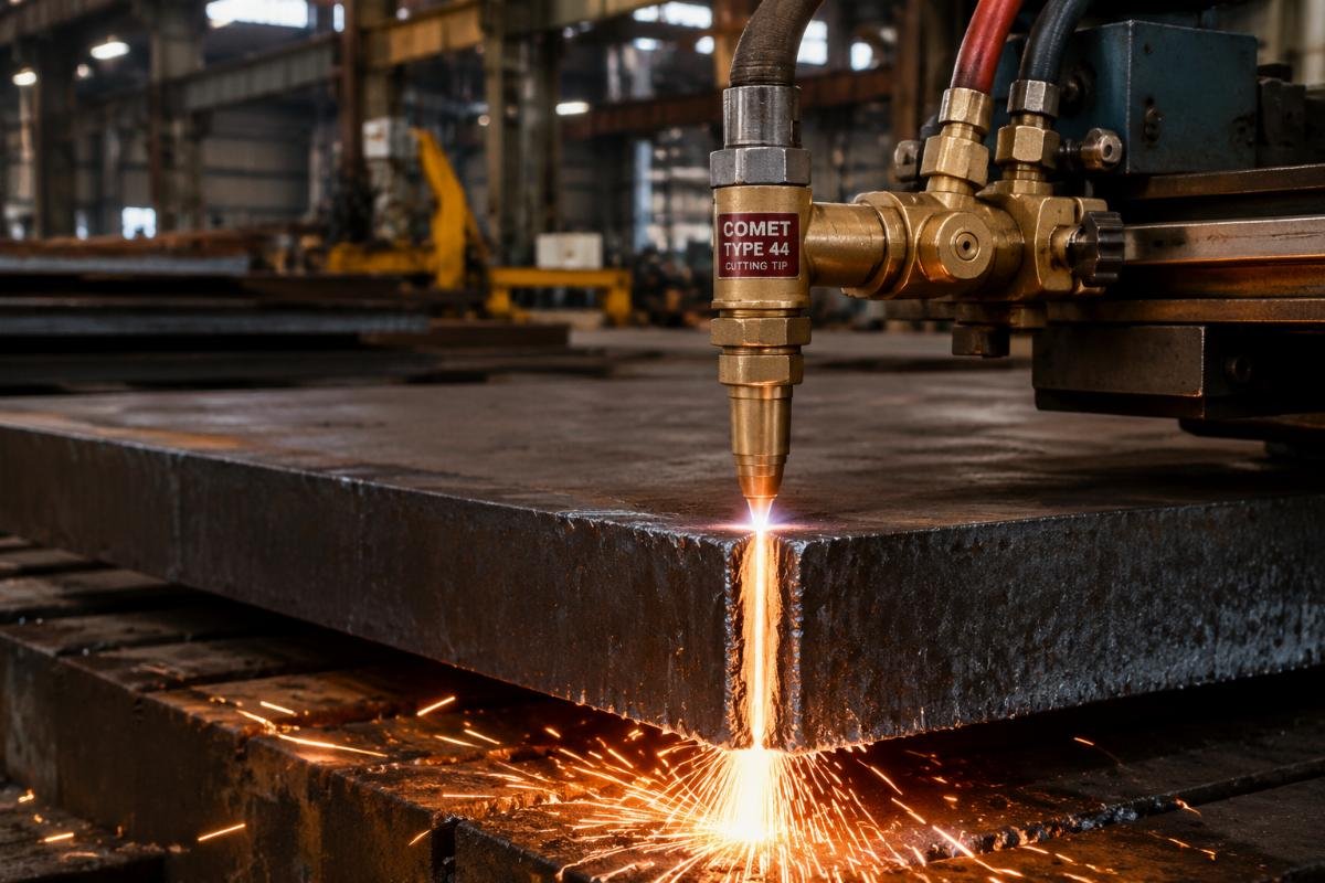 Comet Type 44 cutting tip in use on thick steel Comet Type 44 cutting tip in use on thick steel plate in a structural steel workshop