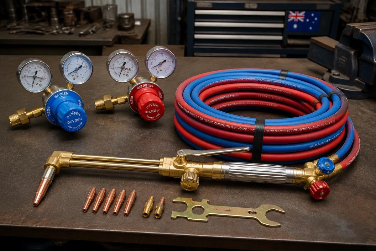 A fully assembled oxy LPG cutting torch kit with reinforced hose and matched regulator laid out on a workshop workbench