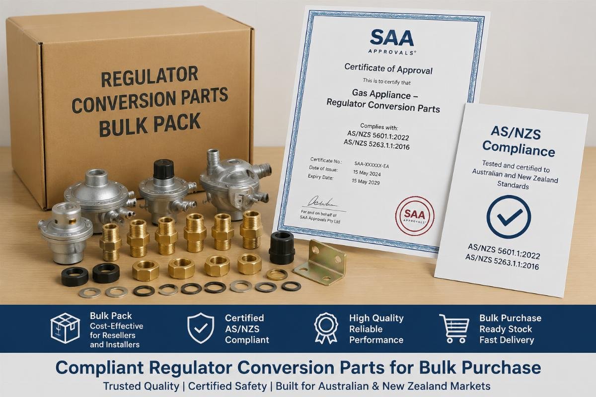 Compliant regulator conversion parts for bulk purchase Bulk pack of regulator conversion parts next to AS/NZS certification documentation