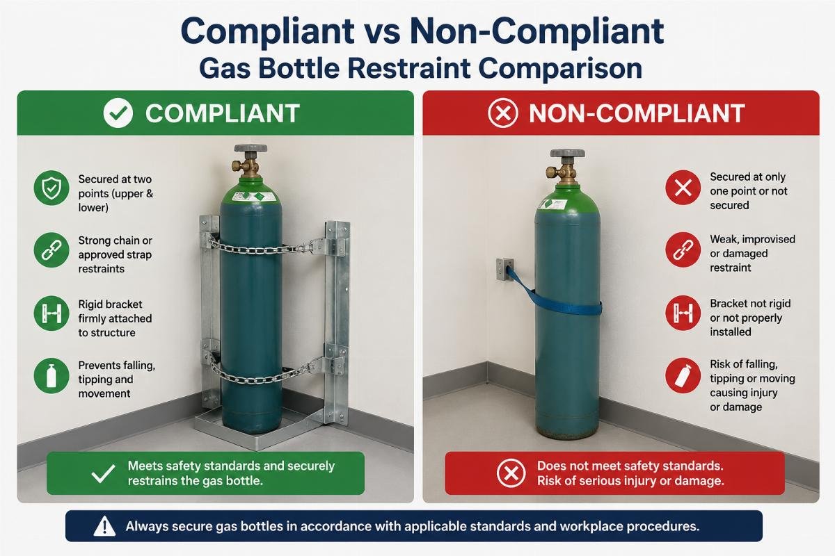 Side by side comparison of compliant and non-compliant gas bottle restraint brackets