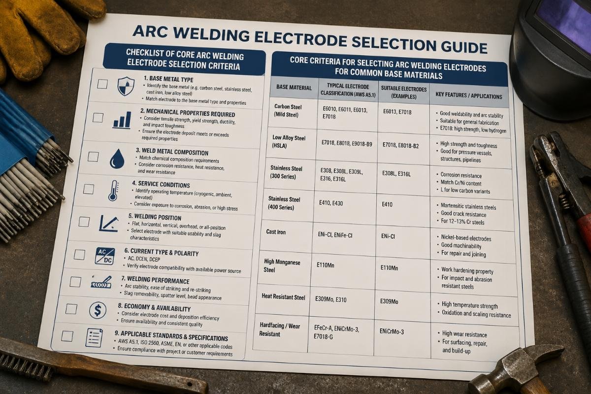 Checklist of core arc welding electrode selection criteria laid out on a workbench