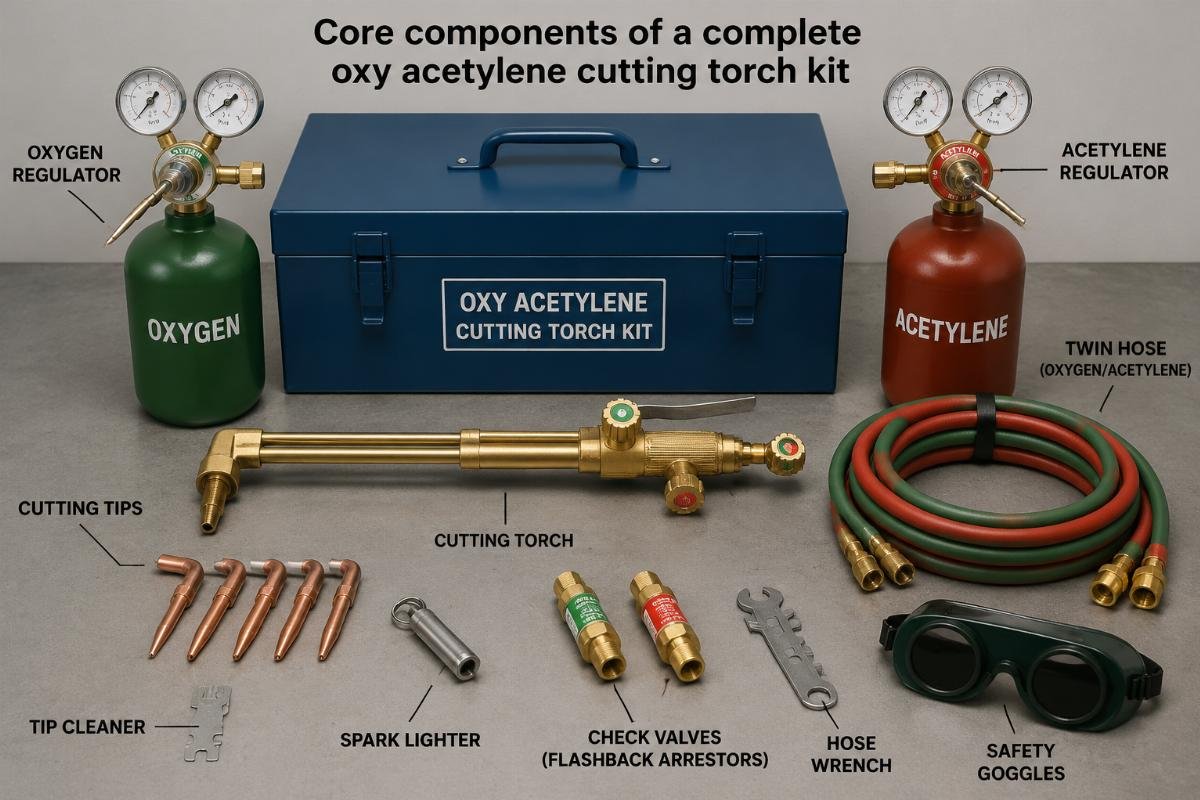 Core components of a complete oxy acetylene cutting torch kit laid out for inspection