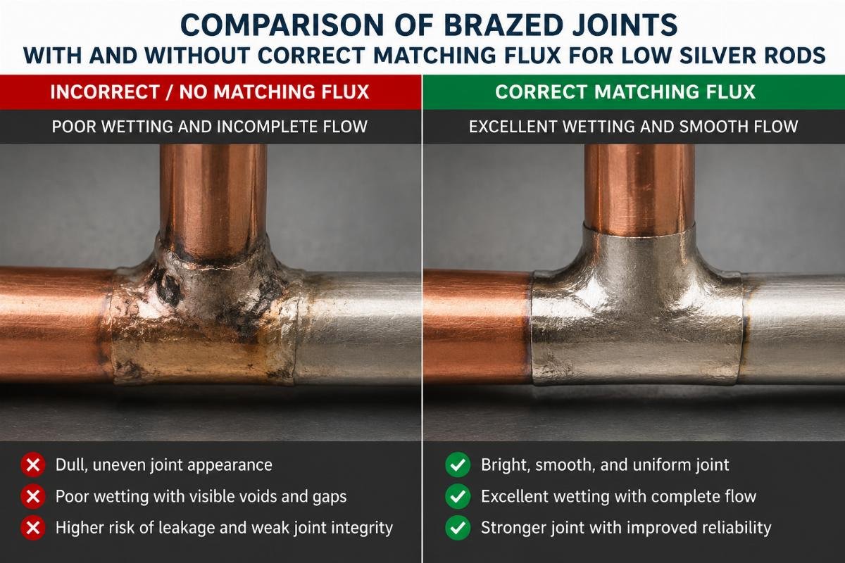 Correct flux use for low silver solder brazing rods Comparison of brazed joints with and without correct matching flux for low silver rods