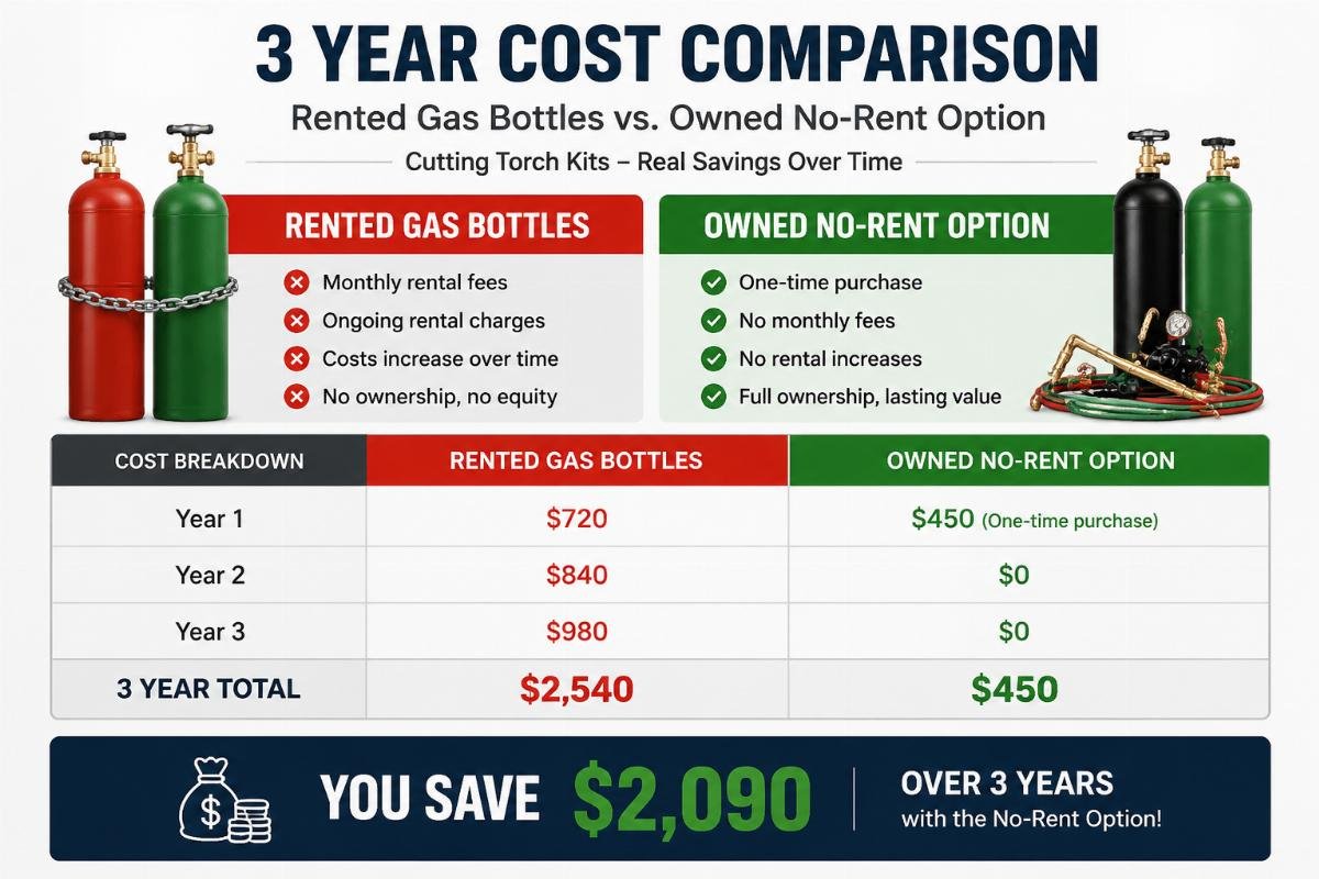 Comparison chart showing 3 year cost difference between rented gas bottles and owned no-rent options
