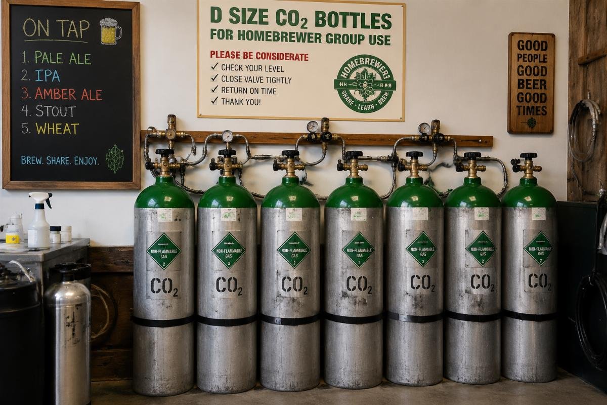 D size CO2 bottles for homebrewer group use Group of D sized no-rent CO2 bottles at a homebrewer community shared space