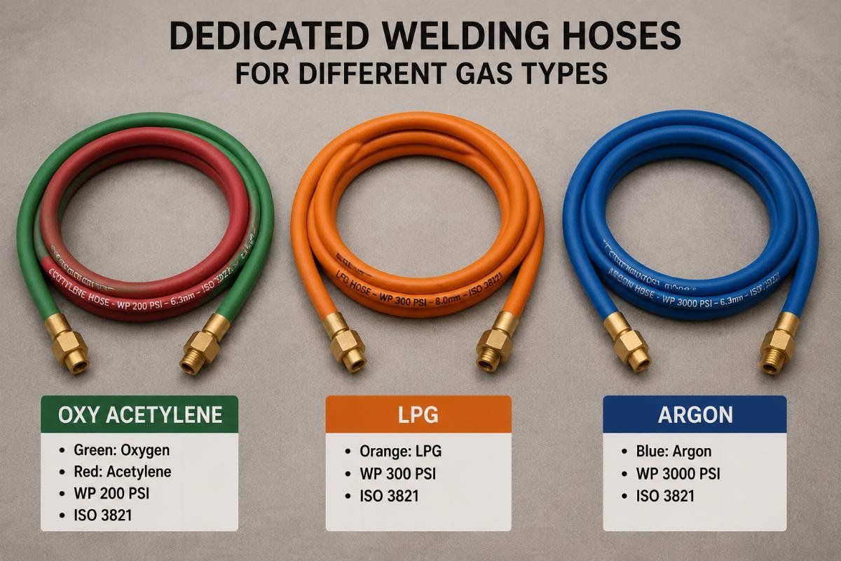 Dedicated welding hoses for different gas types Three separate labeled hoses laid out for oxy acetylene, LPG and argon applications
