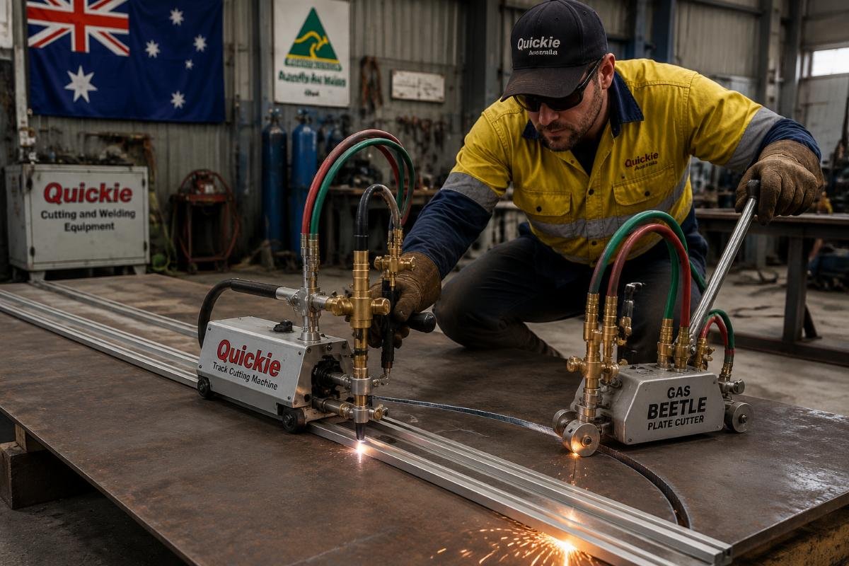 A tradesman using a Quickie Track Cutting Machine and Gas Beetle Plate Cutter on a steel plate in an Australian fabrication workshop