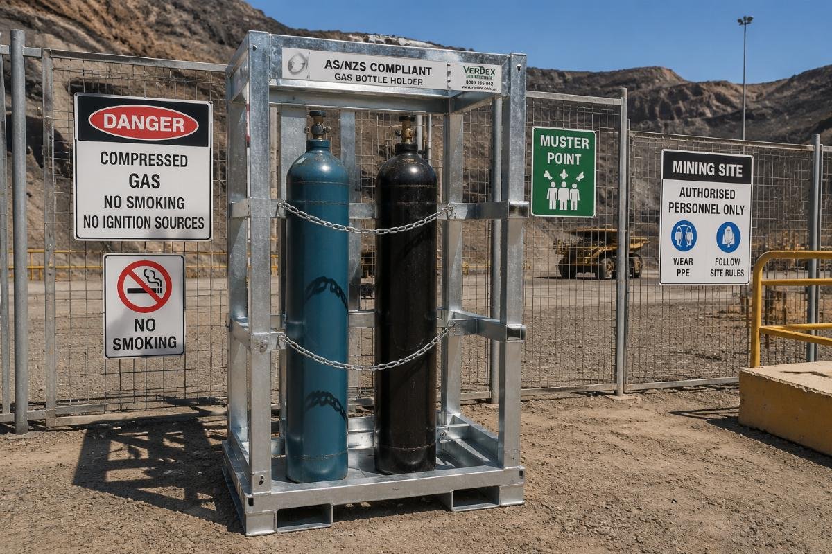AS/NZS compliant gas bottle holder mounted in a mining site storage compound