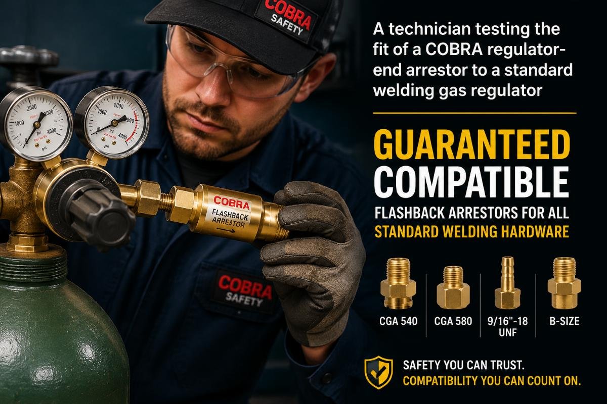 A technician testing the fit of a COBRA regulator-end arrestor to a standard welding gas regulator