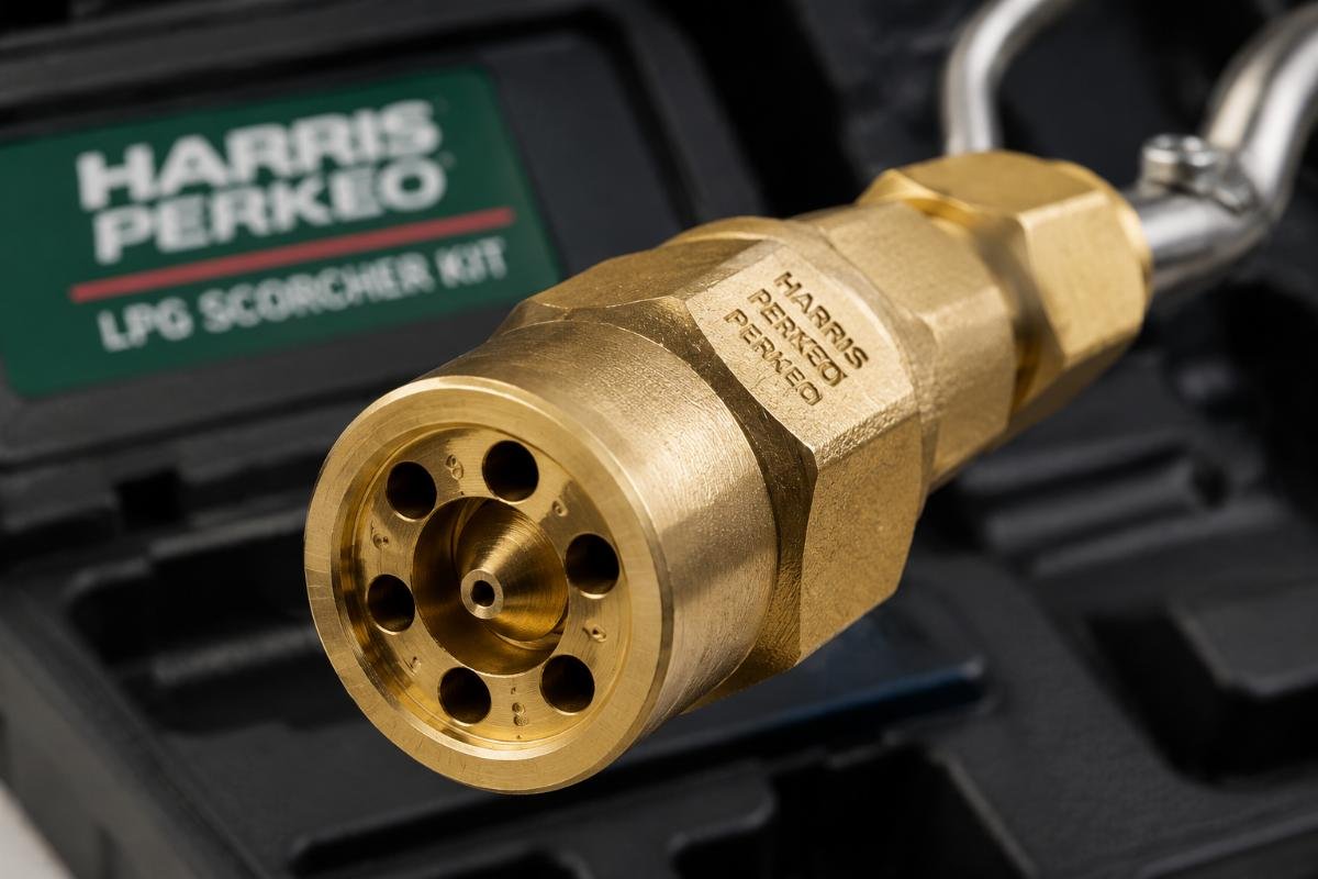 Harris Perkeo LPG scorcher kit brass component Close up of a Harris Perkeo LPG scorcher kit's heavy-duty brass nozzle