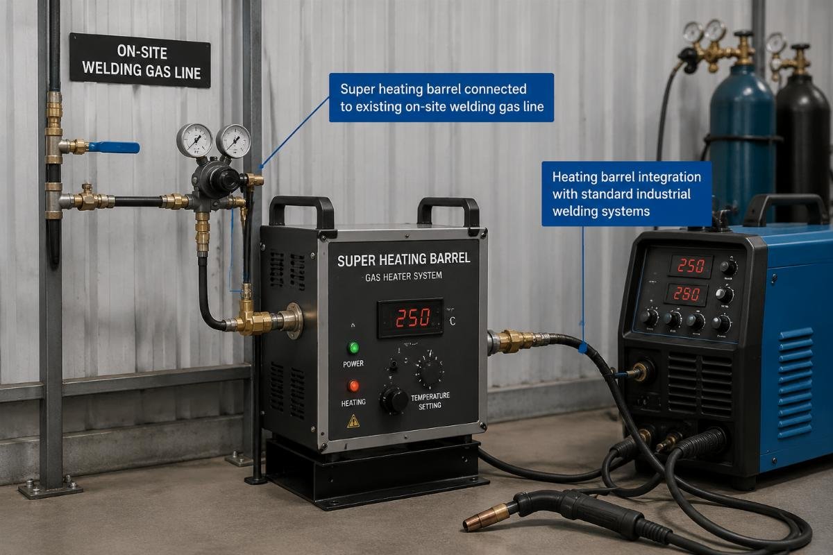 Super heating barrel connected to existing on-site welding gas line