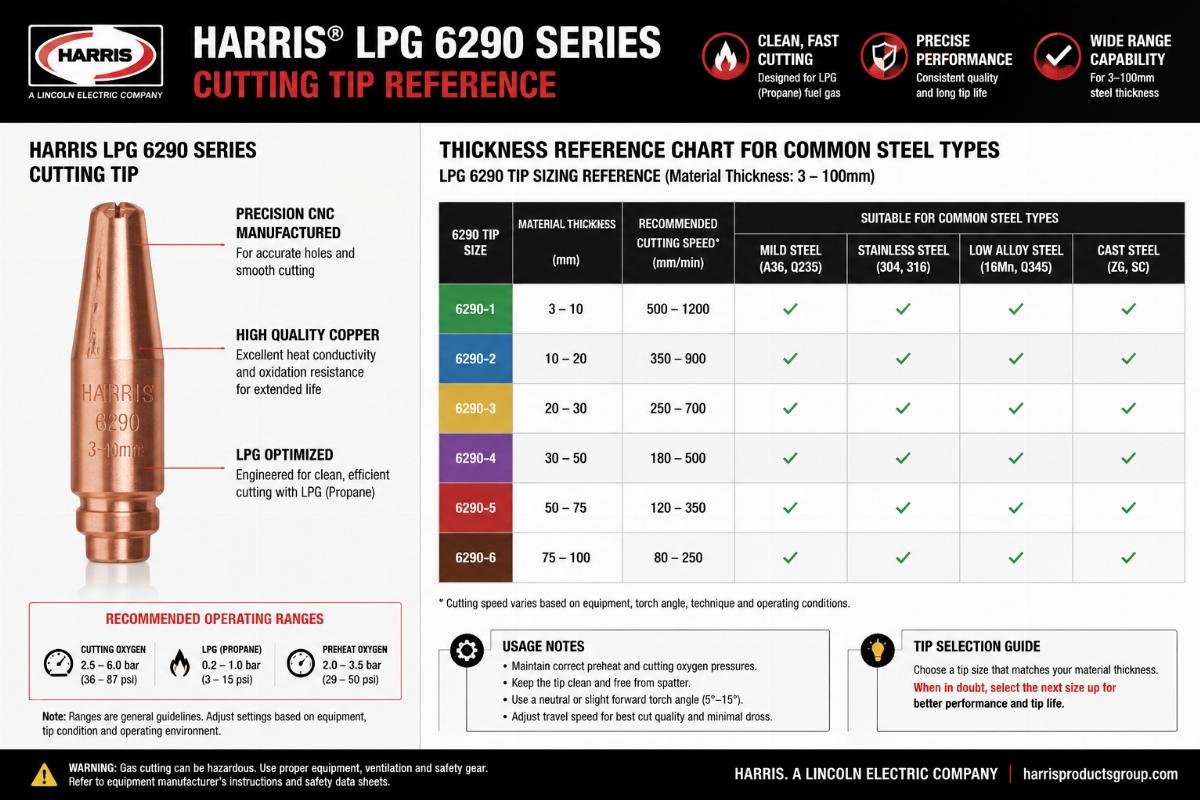 Harris LPG 6290 Series cutting tip alongside a thickness reference chart for common steel types