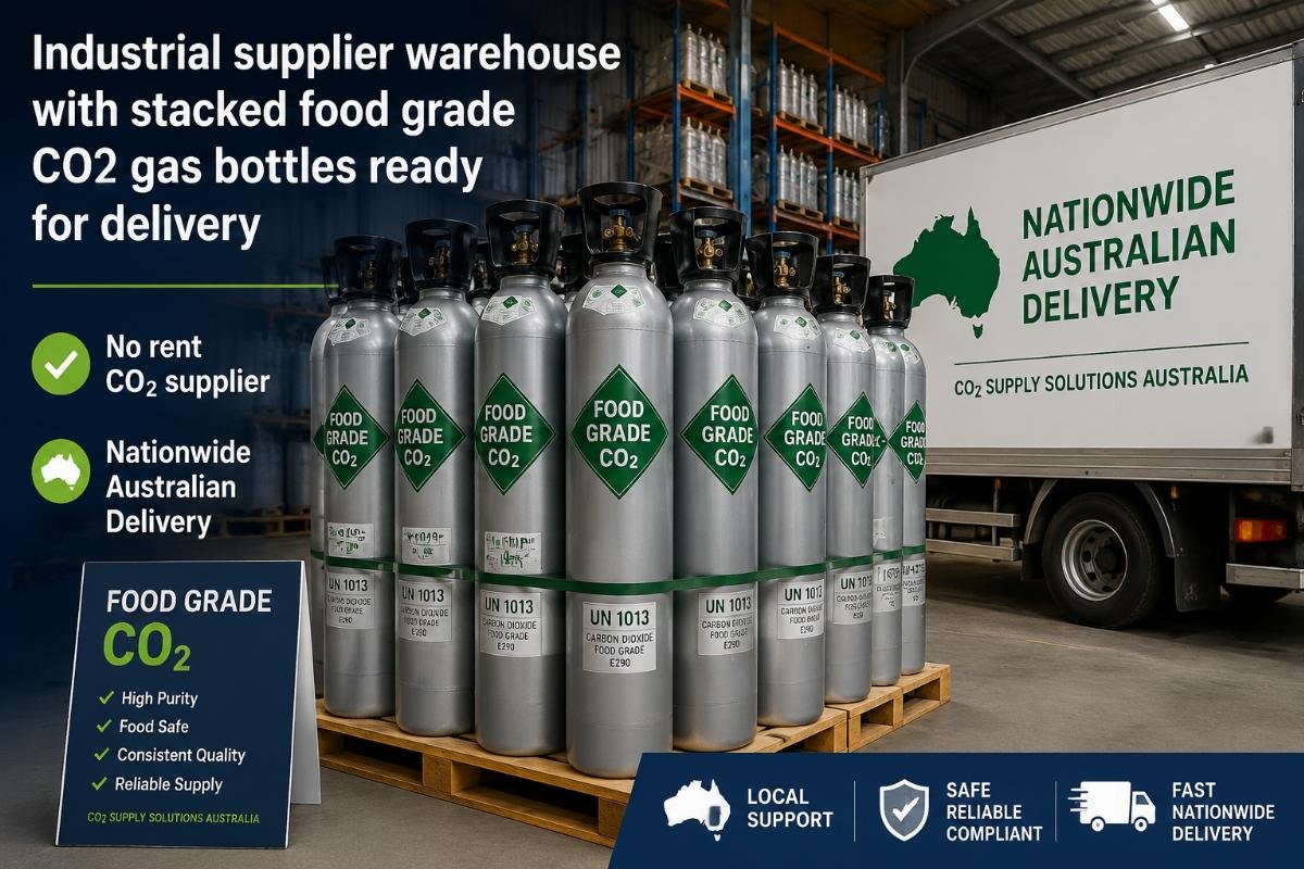 No rent CO2 supplier with nationwide Australian delivery Industrial supplier warehouse with stacked food grade CO2 gas bottles ready for delivery