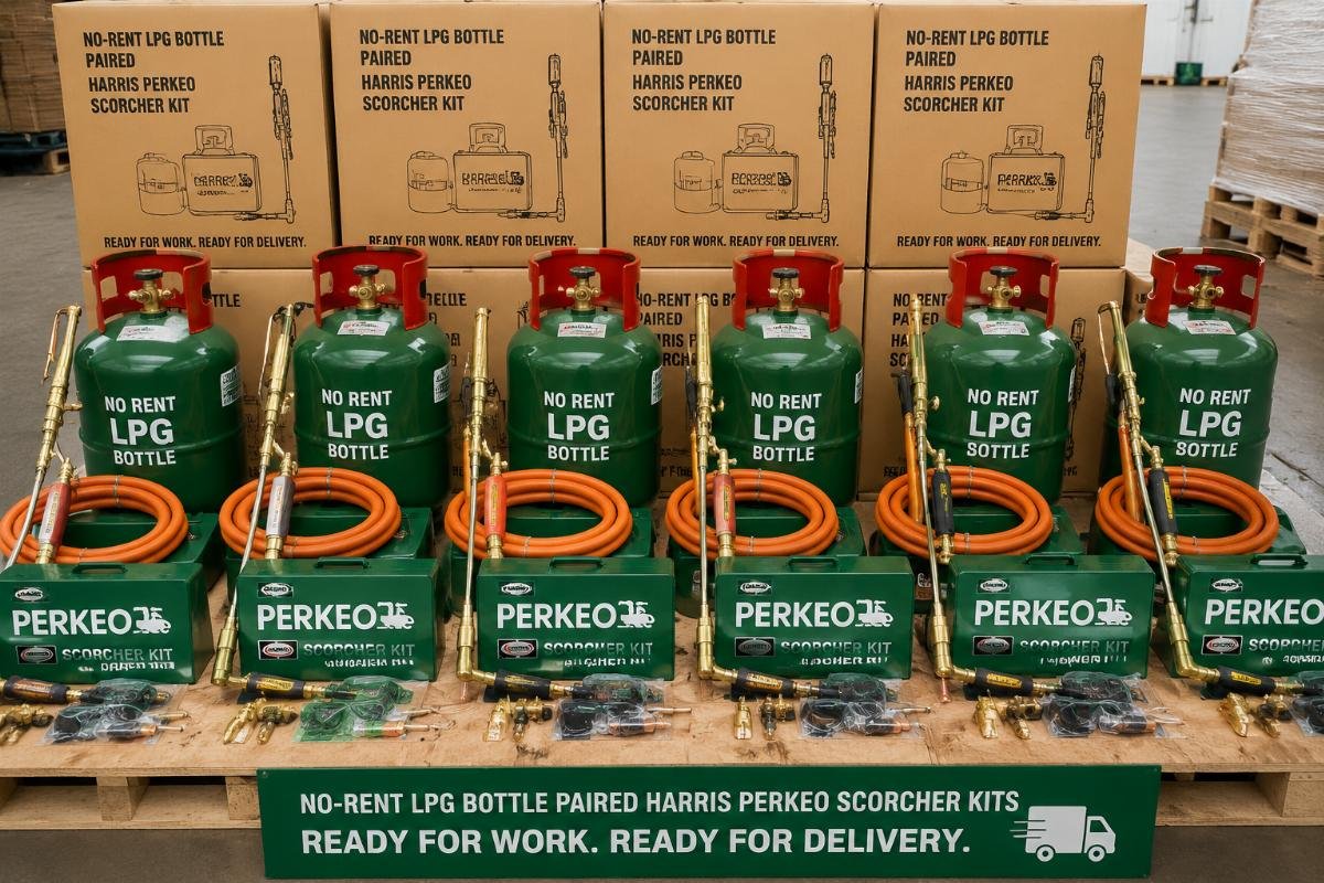 no-rent LPG bottle paired scorcher kits A set of no-rent LPG bottles paired with Harris Perkeo scorcher kits staged for delivery