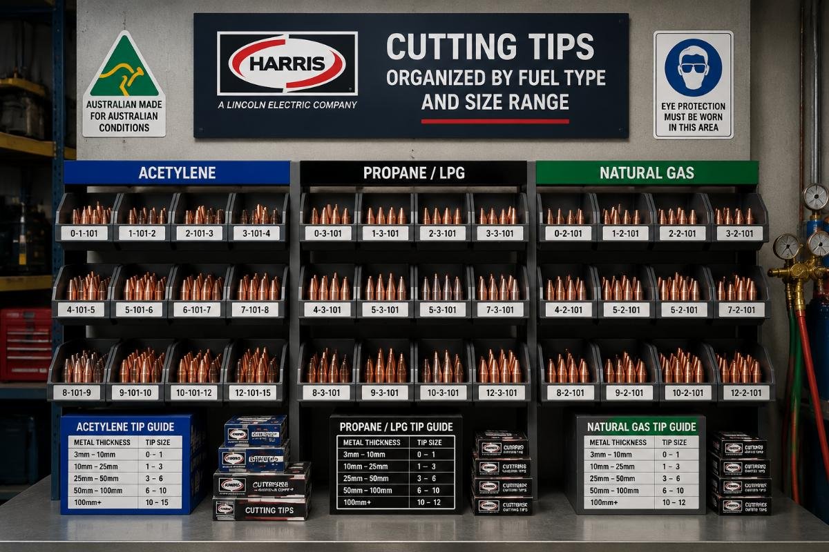 Workshop stock of sorted Harris cutting tips organized by fuel type and size range