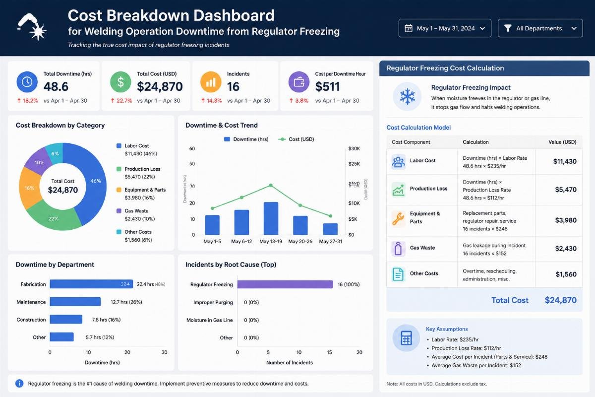 Cost breakdown dashboard for welding operation downtime from regulator freezing