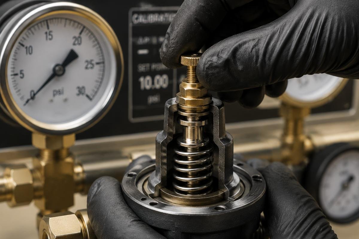 Regulator pressure differential calibration step Close up of internal regulator spring adjustment component during calibration