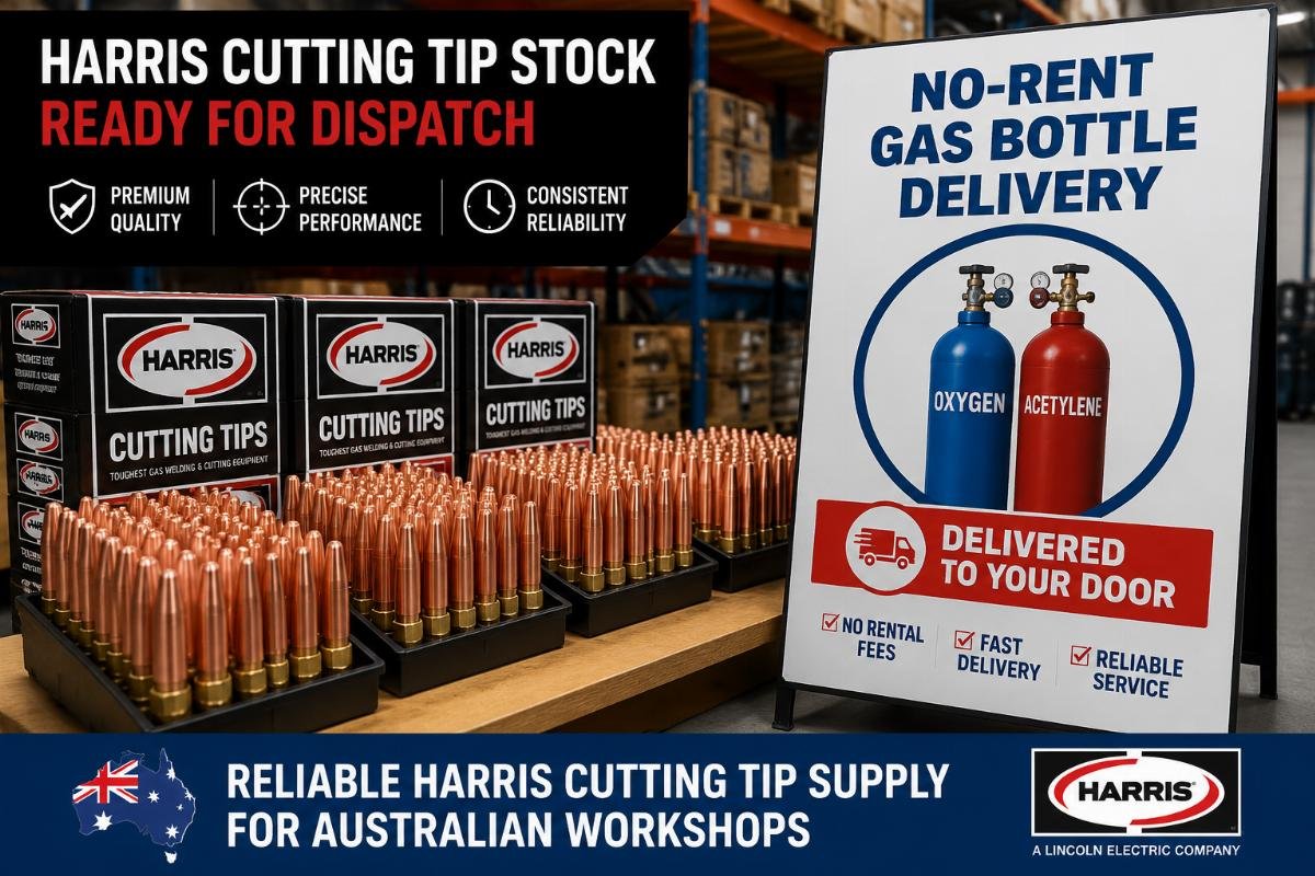 Harris cutting tip stock ready for dispatch alongside no-rent gas bottle delivery signage