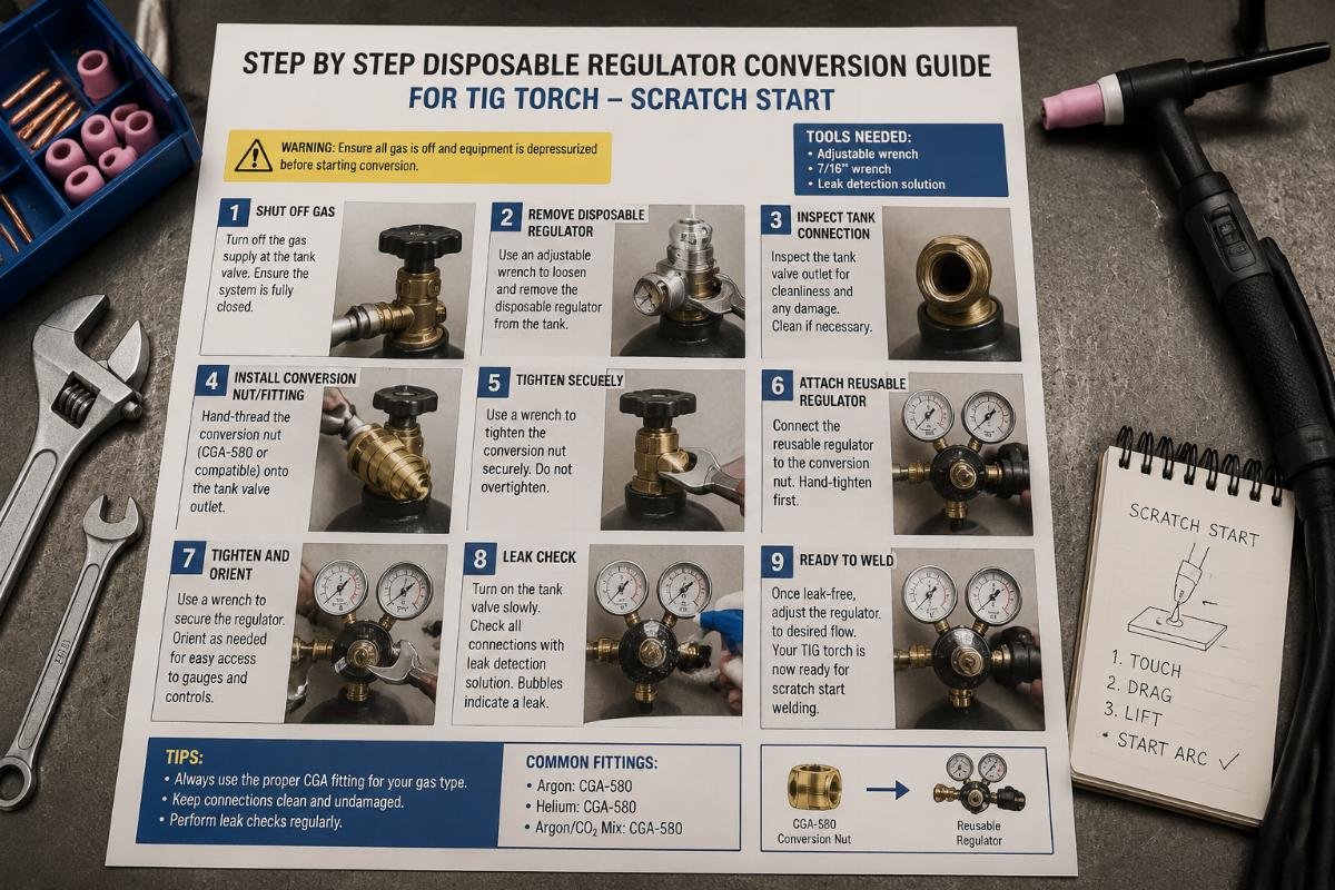 Step by step disposable regulator conversion guide Step by step conversion laid out on a workbench next to a scratch start TIG torch