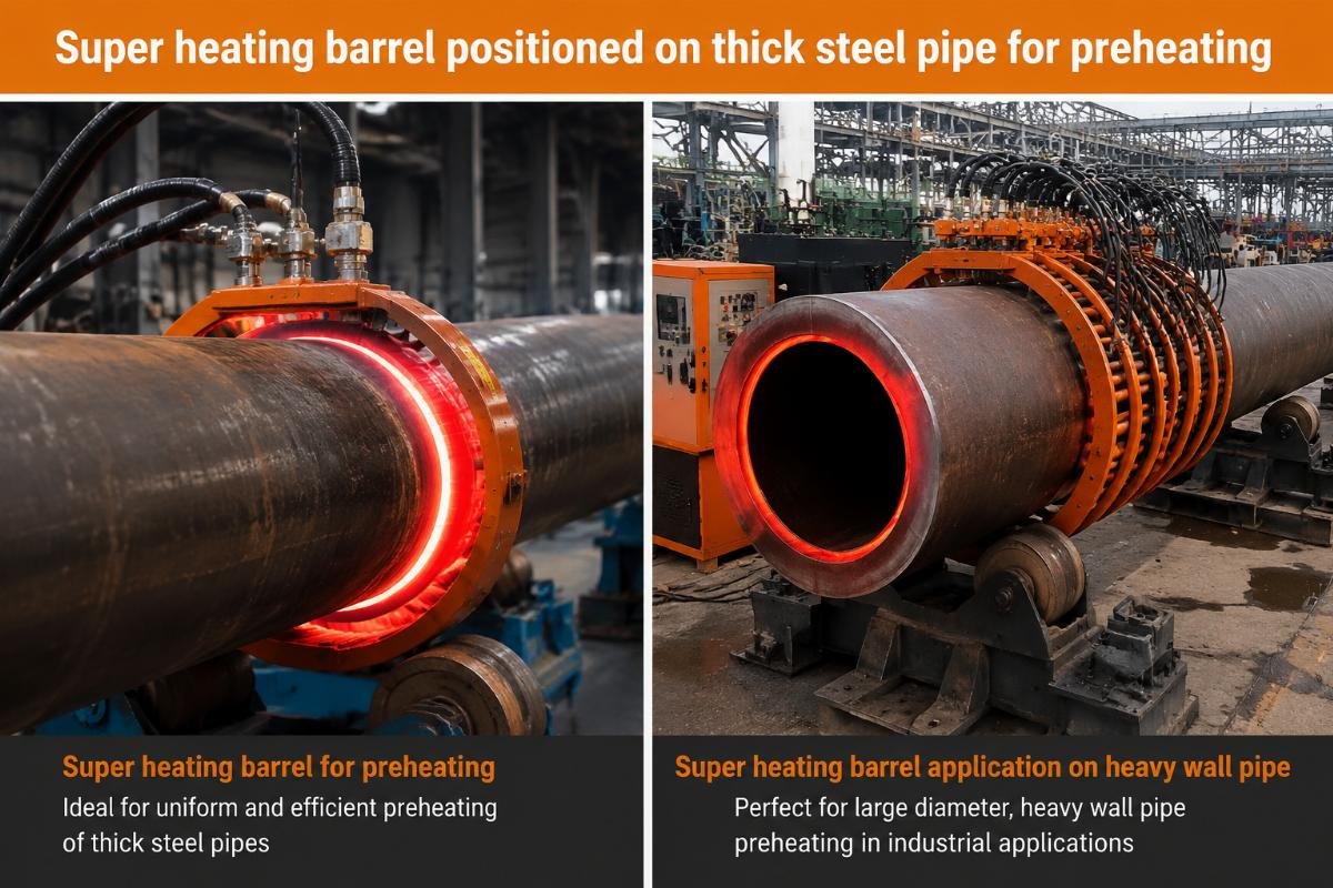 Super heating barrel positioned on thick steel pipe for preheating