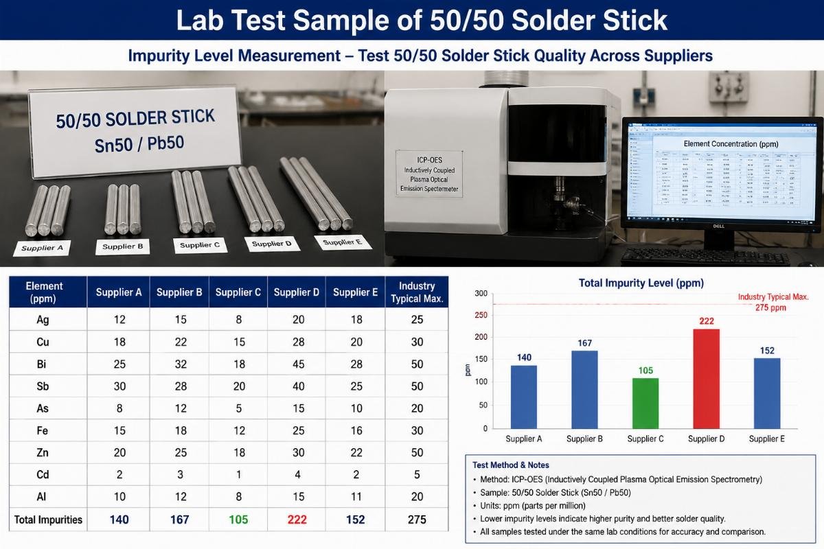 test 50/50 solder stick quality across suppliers Lab test sample of 50/50 solder stick showing impurity level measurement