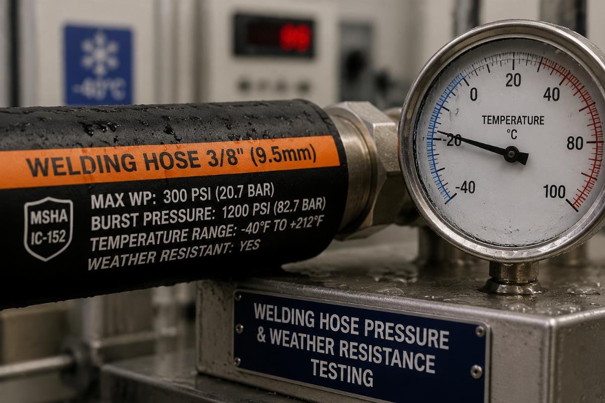 Welding hose pressure and weather resistance testing Close up of a welding hose pressure rating label next to a temperature testing gauge